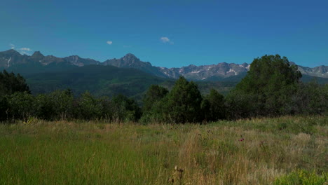 Colorado-scenic-summer-San-Juans-Rocky-Mountains-cinematic-windy-grass-Ridgway-Ralph-Lauren-Ranch-Mount-Sniffels-Dallas-Range-14er-Million-Dollar-Highway-view-morning-blue-sky-pan-left-movement