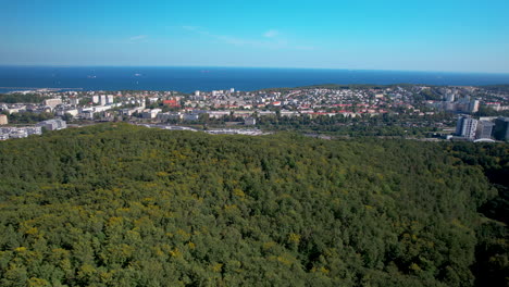 Vista-Panorámica-Del-Denso-Bosque-Y-La-Ciudad-Costera-De-Witomino,-Gdynia,-Polonia