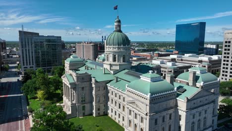 Das-Indiana-State-Capitol-Gebäude-Mit-Seiner-Ikonischen-Grünen-Kuppel,-Umgeben-Von-Modernen-Gebäuden-Unter-Einem-Klaren-Blauen-Himmel