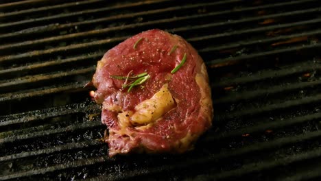 Sprig-of-rosemary-seasoning-and-butter-on-steak-cook-over-gas-grill