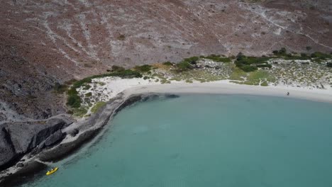 Aerial-panorama-view-of-Balandra-beach-with-crystal-clear-waters-and-white-sand-in-Baja-California-Sur,-La-Paz,-Mexico