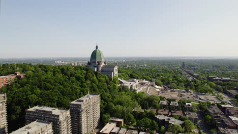 Aerial-view-flying-toward-the-Saint-Joseph's-Oratory-of-Mount-Royal-in-Montreal