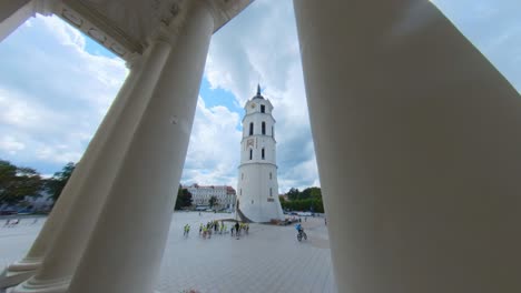 Wide-Angle-Slow-Motion-Shot-of-Vilnius-Cathedral-Bell-Tower
