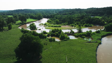 Aerial-View-Of-Illinois-River-Meandering-Through-Verdant-Greenery-Of-Arkansas-In-USA