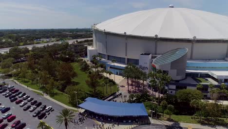 4K-Aerial-Drone-Video-of-Fans-Filing-in-to-Tropicana-Field-for-Tampa-Bay-Rays-MLB-Playoff-Game-in-Downtown-St