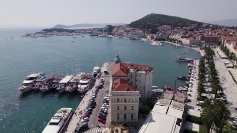 Establishing-aerial-of-Split-Port-Marina-historical-center,-Croatia,-sliding