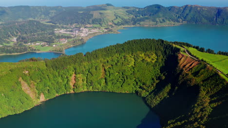 Aerial-drone-view-of-volcanic-lakes-in-Sao-Miguel,-Azores-Islands---Portugal