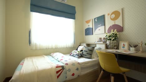 Lindo-Y-Elegante-Diseño-Interior-De-Dormitorio-Infantil,-Nadie