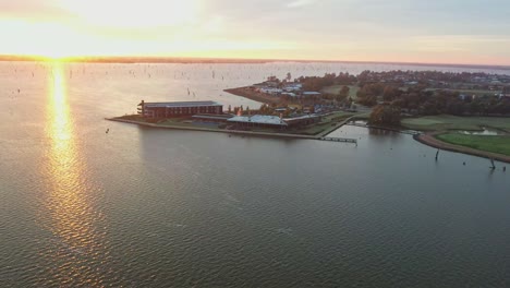 Yarrawonga,-Victoria-Australia---14-July-2023:-Aerial-view-of-the-Sebel-Hotel,-Black-Bull-golf-course-and-Lake-Mulwala-at-sunrise