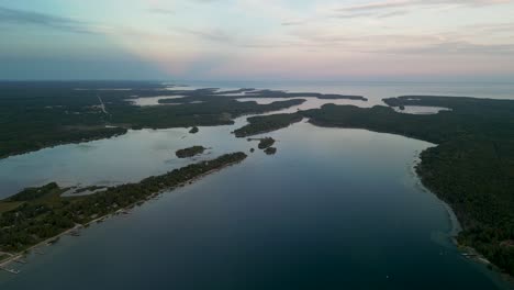 Aerial-view-high-altitude-of-Hessel-and-Wilderness-Bay,-Les-Cheneaux-Islands,-Michigan