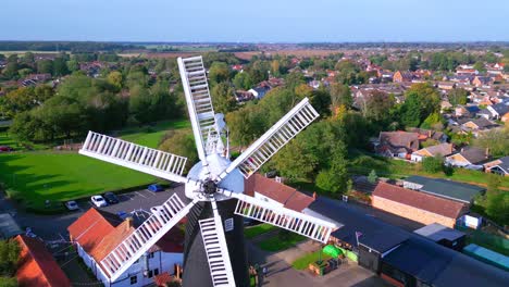 Above-the-historic-site,-video-footage-reveals-the-allure-of-Waltham-Windmill-and-Rural-History-Museum-in-Lincolnshire,-UK