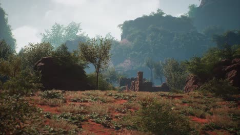 Verlorene-Antike-Ruinen-In-Einer-Felsigen-Dschungelumgebung-Mit-Bäumen-Und-Büschen,-3D-Animation,-Animierte-Szene,-Kamerawagen-Links