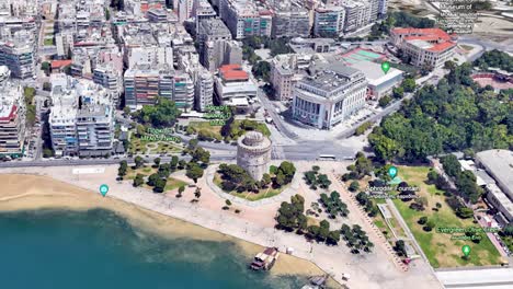 Weißer-Turm,-Blick-Auf-Thessaloniki,-Griechenland,-Grafische-Animationsmedien-Von-Google-Earth-Maps,-Aufnahme-Aus-Der-Perspektive