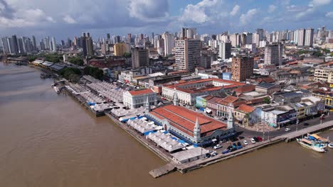 South-America-market,-Ver-o-Peso-by-Guajara-Bay-in-aerial-view