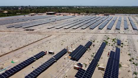 Aerial-forward-dolly-view-of-technicians-and-engineers-working-installing-bifacial-solar-panels-at-Jambur-solar-PV-project-site-under-construction-in-Gambia,-West-Africa