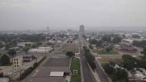 City-Streets-of-Billings,-Montana-Blanketed-in-Summer-Wildfire-Smoke,-Aerial