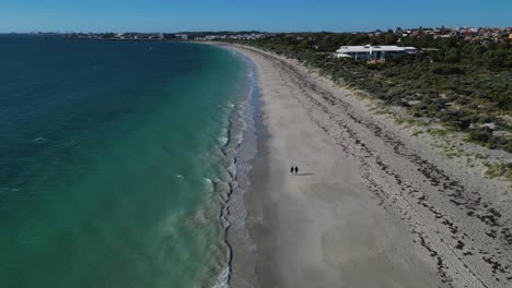 Luftdrohnenaufnahme-In-Vorwärtsbewegung-über-Ein-Paar-Touristen,-Die-An-Einem-Sommertag-In-Perth,-Westaustralien,-Entlang-Der-Küste-Von-Coogee-Beach-Spazieren
