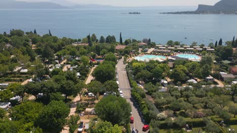 Aerial-Shot-of-Camping-Europa-Silvella-on-Shore-of-Lake-Garda,-Italy