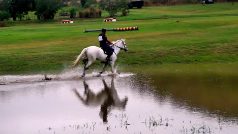 Ein-Wunderschönes-Weißes-Pferd-Und-Sein-Reiter-Galoppieren-Durch-Ein-Wasserbecken