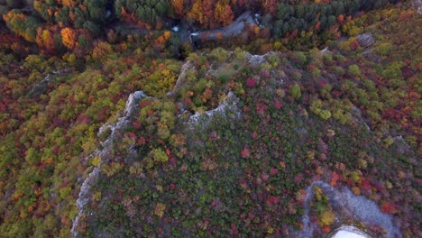 Luftaufnahme-Von-Oben-Nach-Unten-Von-Bunten-Bäumen-Und-Pflanzen-In-Den-Hügeln-Griechenlands-Im-Herbst