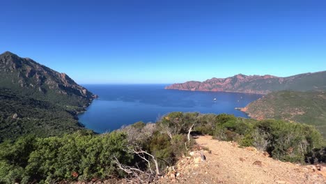 Panoramic-view-of-Scandola-UNESCO-nature-reserve-in-summer-season,-Corsica-island-in-France