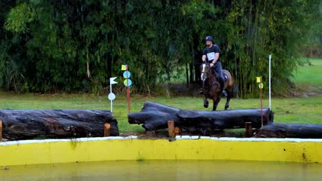 Pferd-Und-Reiter-Springen-Während-Eines-Regenschauers-Problemlos-über-Einen-Baumstamm-In-Einem-Wasserbecken