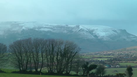 Comeragh-Mountains-Waterford-Ireland-winter-establishing-shot-of-trees-and-mountain-landscape