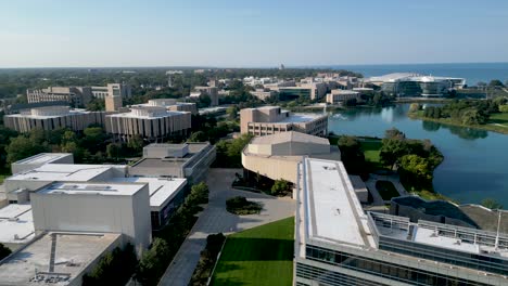 Hochauflösendes,-Wunderschönes-Panorama-Drohnen-4K-Luftbildvideo-Der-Berühmten-Northwestern-University-Und-Des-Campus-Der-Kellogg-School-Of-Management-In-Evanston,-Illinois,-An-Einem-Wunderschönen-Sommertag