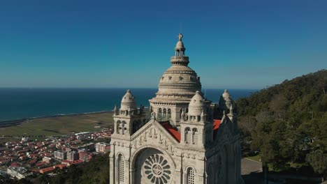 Santa-Luzia-Sanctuary,-Viana-do-Castelo,-Portugal-with-panoramic-ocean-view---aerial