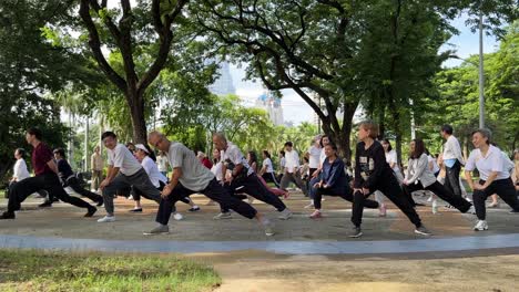 Scene-of-people-practising-Taichi-in-the-multi-functional-Lumpini-Park,-Bangkok,-Thailand