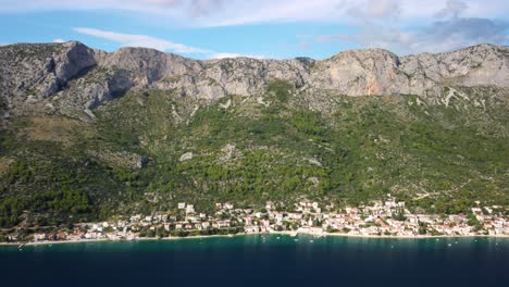 Idyllic-Landscape-Of-Brist-Village-In-Southern-Dalmatia,-Makarska-Riviera-Croatia---aerial-drone-shot