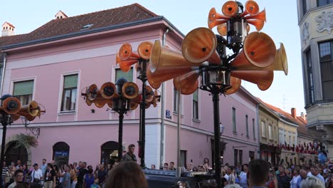 Mass-Notification-Systems-On-Crowded-Street-During-Spancirfest-Festival-In-Varazdin,-Croatia