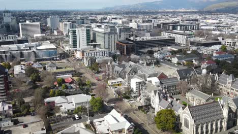 Christchurch-aerial-cityscape-of-historic-buildings,-museum,-art-gallery-and-university