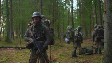 Scharfschütze-Kontrolliert-Die-Umgebung-Streng-Auf-Einer-NATO-Mission-Im-Wald