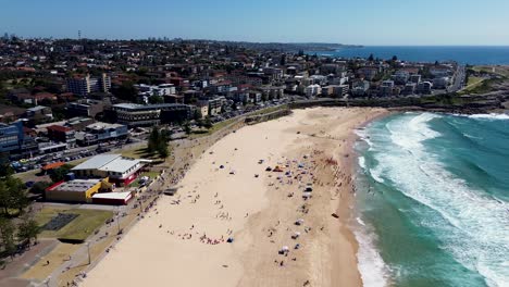 Drone-aerial-landscape-view-of-busy-Maroubra-beach-Randwick-Coogee-ocean-sea-holiday-sunny-weekend-NSW-Sydney-City-tourism-travel-Australia-4K