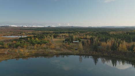 Aerial-view-of-colorful-autumnal-forest-next-to-the-lake,-glacier-in-the-background