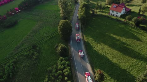 Aerial-View-of-Fire-Truck-Convoy-at-Sunset-4k