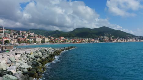 Breakwater-and-coastline-of-Varazze-town-in-Liguria,-Italy