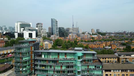 A-view-from-above-of-London's-city-panorama-with-glass-and-steel-modern-apartments