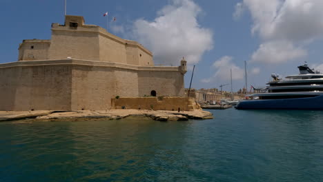 View-from-the-water-at-cruise-port-and-the-Grand-Harbor-of-Valletta-on-the-Mediterranean-island-of-Malta