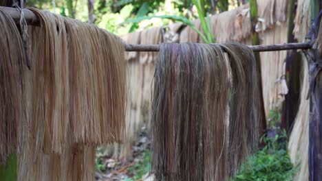 Mittlere-Aufnahme-Von-Abaca-Faserbündeln,-Die-Auf-Bambusstangen-In-Catanduanes,-Philippinen,-Trocknen