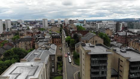 4K-panoramic-aerial-view-of-Glasgow-luxury-apartment-buildings-in-living-area,-Scotland,-United-Kingdom