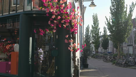 Exterior-Of-Flossy-Flower-Shop-In-Hoogstraat,-Gouda,-Netherlands---handheld