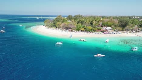 Aerial-of-Gili-Air-Beach-South,-located-on-the-idyllic-island-of-Gili-Air-in-Indonesia,-tropical-paradise-that-captures-the-essence-of-serene-island-life