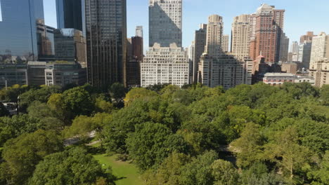 Aerial-view-backwards-over-the-Central-park,-sunny,-fall-evening-in-New-York,-USA