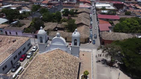 Flyover-tiled-rooftop-of-catholic-church-in-charming-Gracias,-Honduras