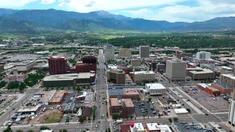 High-orbit-shot-above-downtown-Colorado-Springs,-CO