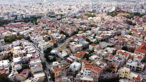 Downtown-of-Chania-city-in-Crete-island,-aerial-drone-view