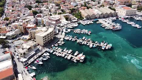 Cityscape-of-Chania-in-Crete-island,-Greece,-aerial-drone-view