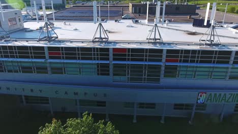 Whitby-Durham-College-Campus-Aerial-View-of-Exterior-Building-with-Tilt-Down-View-Over-Rooftop-in-Ontario,-Canada